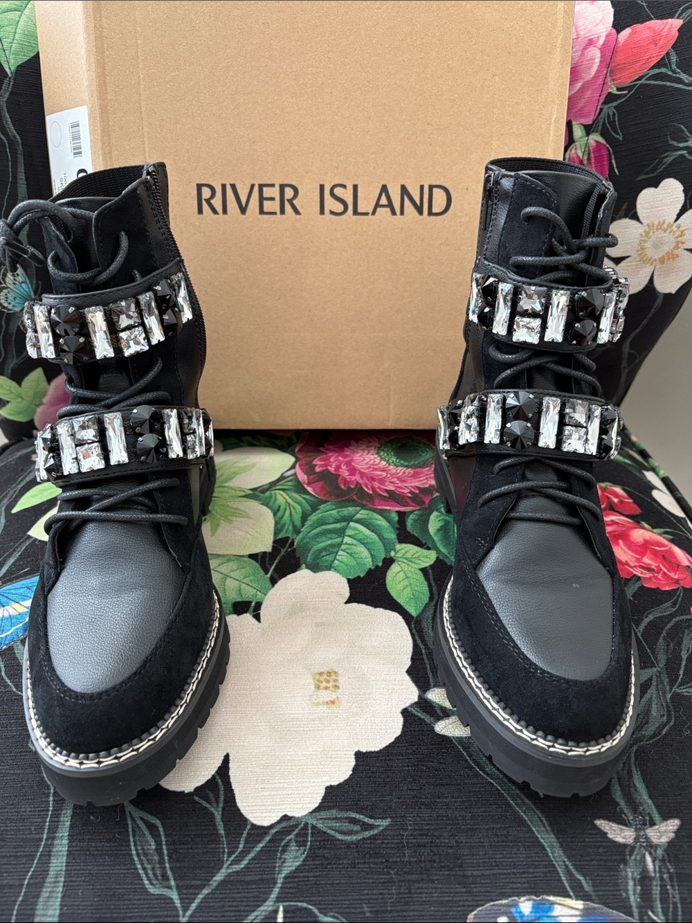 River Island Black Crystal-Strap Lace-Up Boots